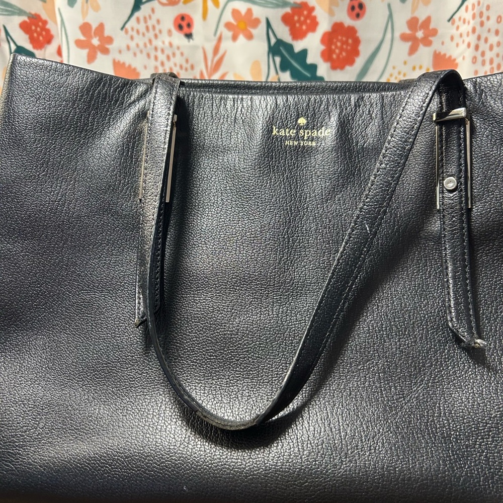 Kate Spade NY Purse Large Black Pebbled Leather Hand Bag Gold Logo Coin Purse - Picture 2 of 10